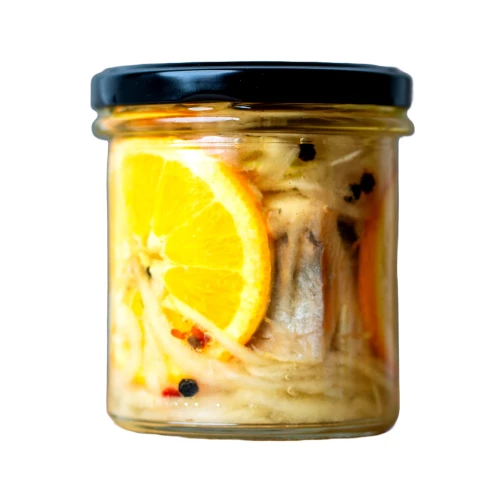 Śledź z pomarańczą i kolorowym pieprzem w marynacie cytrynowo - miodowej Premium - słoik 300 g
